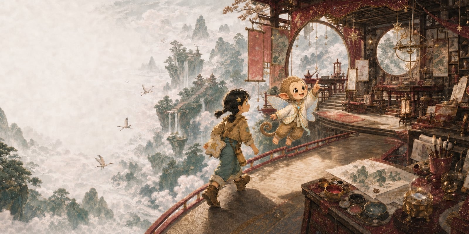 小椰子与迪亚走进云上东方产品工坊,工坊里陈列着画卷、模型与创作工具