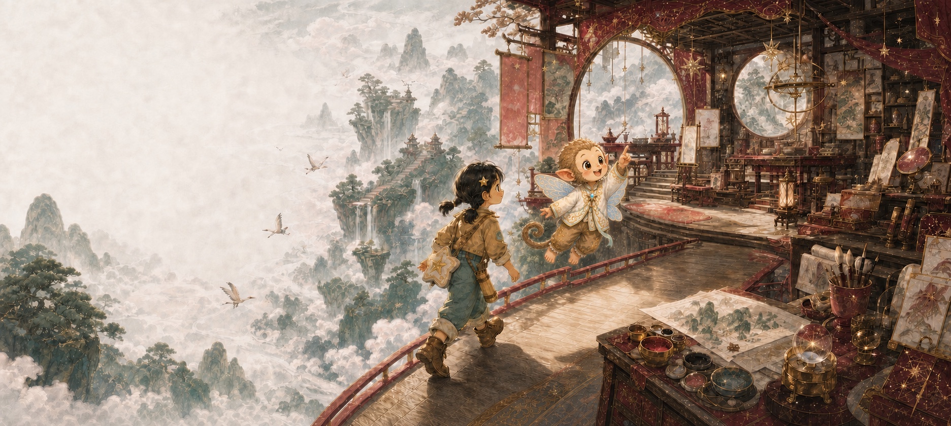 小椰子与迪亚走进云上东方产品工坊,工坊里陈列着画卷、模型与创作工具